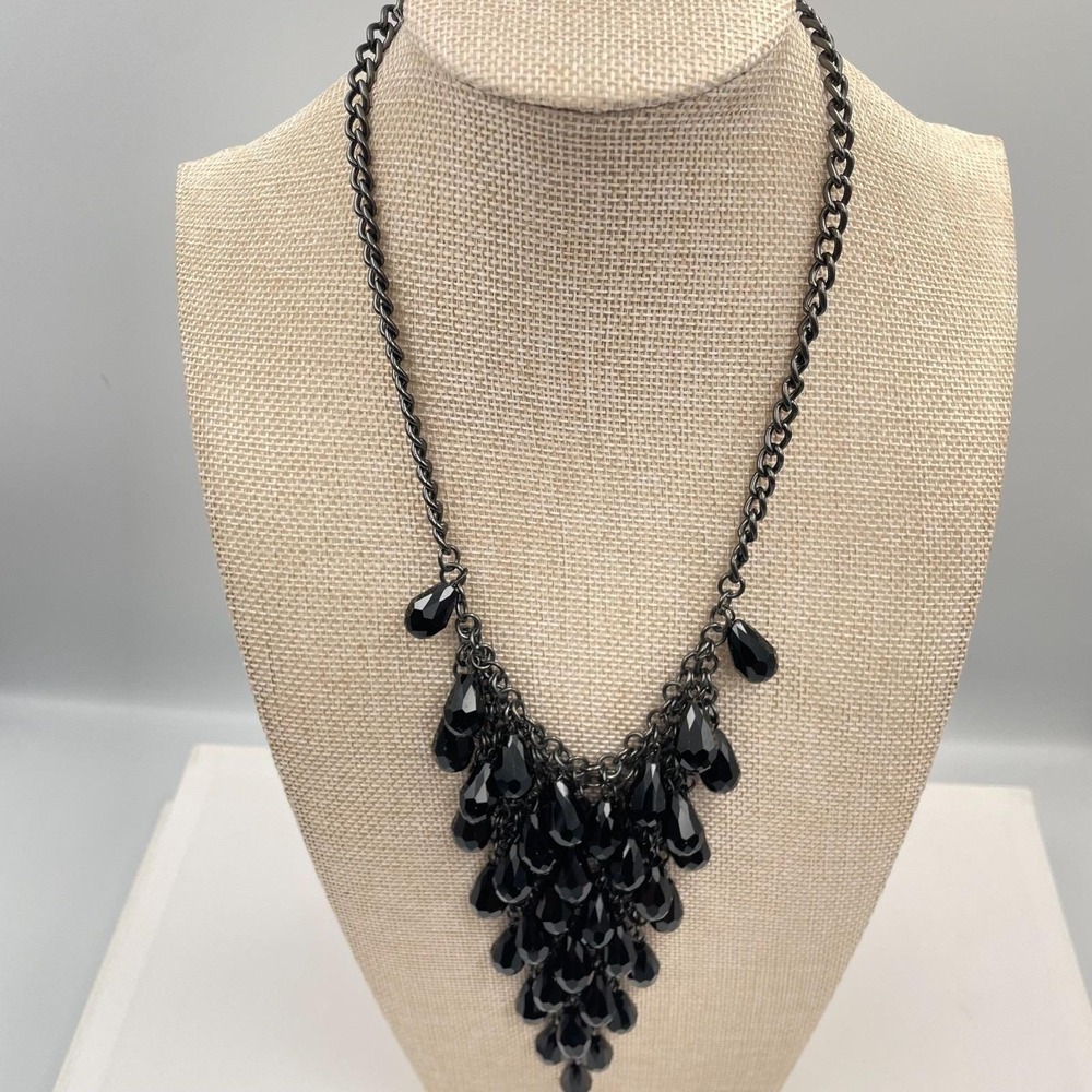 Vintage‎ Black Bib Necklace Waterfall Teardrop Dangle Gunmetal Chain Statement